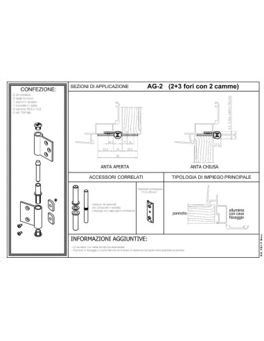 AG-2 - Charnière pour portes d’intérieur en aluminium/bois, 3+2 trous